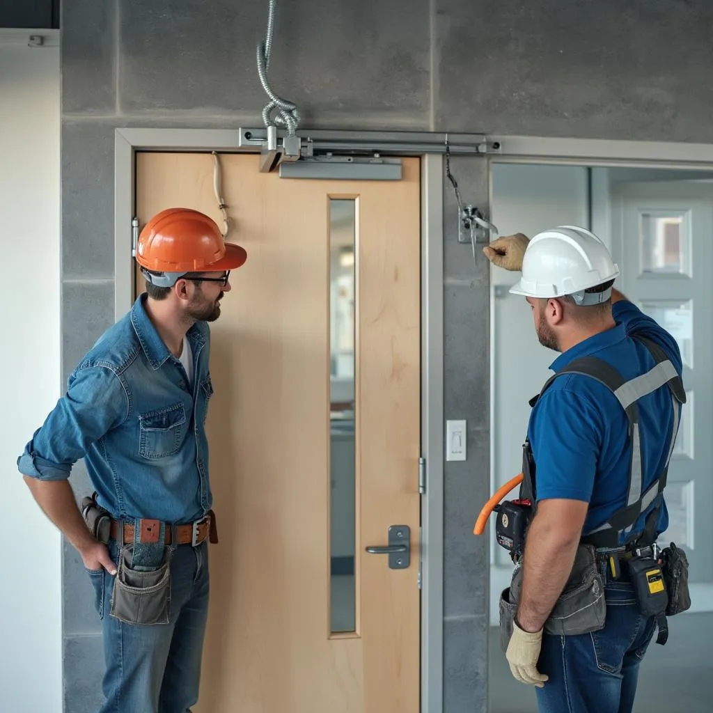 Zakladatelia spoločnosti DoorTech Pro pri práci