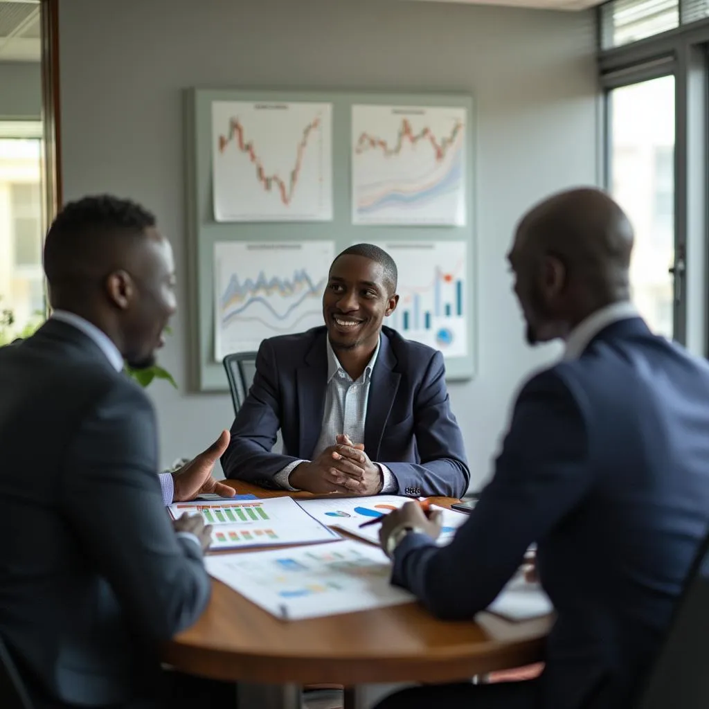 Financial advisors in Uganda office discussing investment strategies